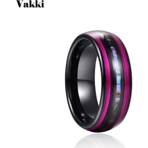 VAKKI 8mm Electric Black Inlaid Purple Guitar Strings Abalone Dome Tungsten Carbide Ring Mens Fashion Wedding Jewelry Gift