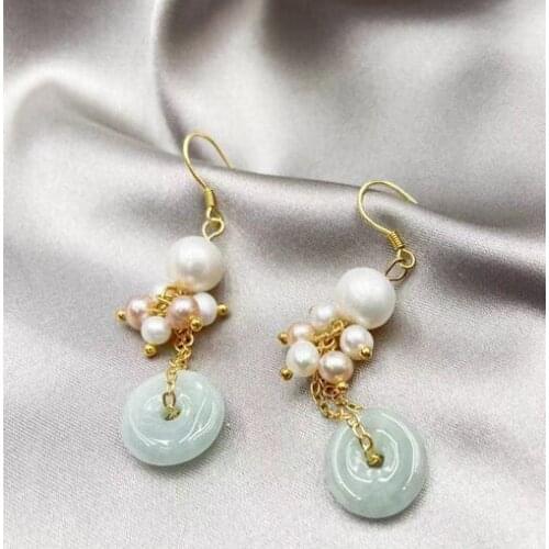Jewelry 100% Natural freshwater Pearl jade Safety buckl Earring 925 sterling Silver drop Hand woven tassels14k Note gold pair