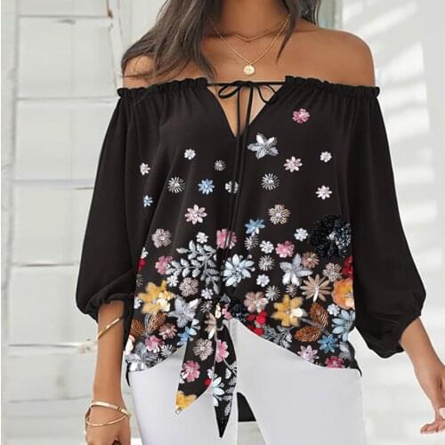 Autumn Casual Long Sleeve Lace-Up Women Ruffle Blouse Elegant Floral Print Top Pullover Sexy Slash Neck Off Shoulder Lady Shirt
