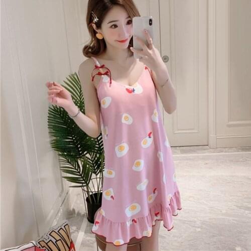 Ladies Summer Sling Nightdresses Loose Cute Cartoon Printed Sleepwear Home Wear Nightdress With Chest Pad Free Eye Mask