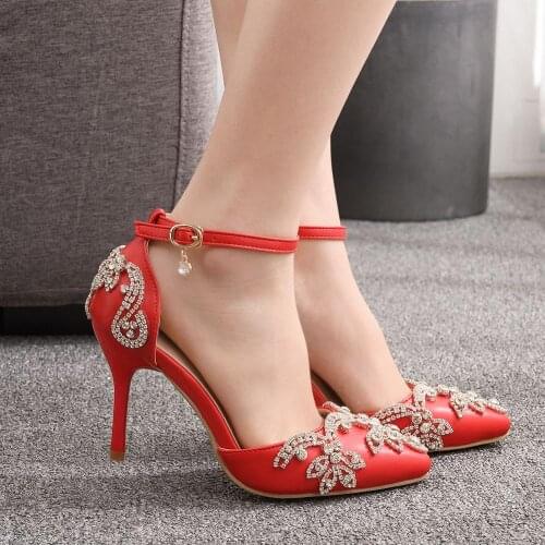 Women Shoes High Heels Wedding Thin Heels White Diamond Glittering Evening Dress Sandals Bride RED Shoes Crystal Pumps For Party