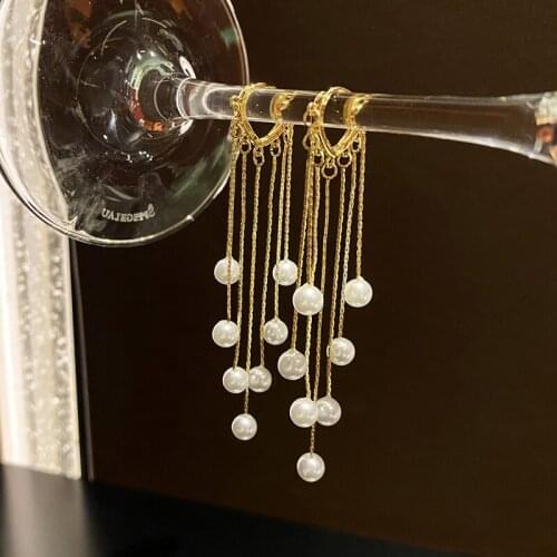 2021 Trend New Gold Pearl Tassel Long Earrings For Women Statement Elegant Korean Temperament Womens Earrings Jewelry Brincos