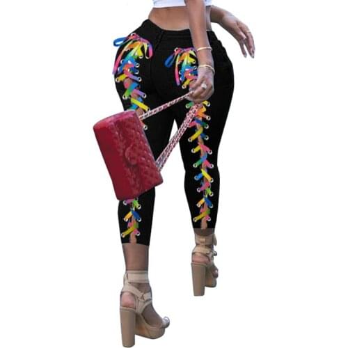 Women Jeans Criss-cross Lace Up Hole Elastic High Waist Long Pencil Denim Pants Fashion High Street Hollow Out Ripped Trousers