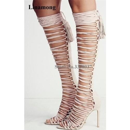 Women Summer Elegant Open Toe Suede Leather Stiletto Heel Knee High Gladiator Boots Straps Cross Long High Heel Sandal Boots