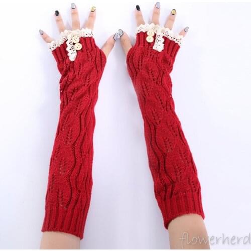 Autumn Winter New Fashion Glove New Year Lace Button Knitted Yarn Keep Warm Fingerless Half Finger Lady Women Arm Long Gloves