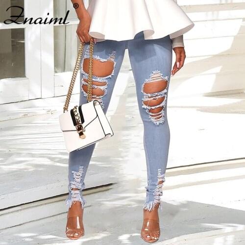 Znaiml Knee Big Hole Ripped Jeans For Women High Waist Boyfriend Destroyed Denim Jeans Ladies Streetwear Slim Pencil Pants Femme