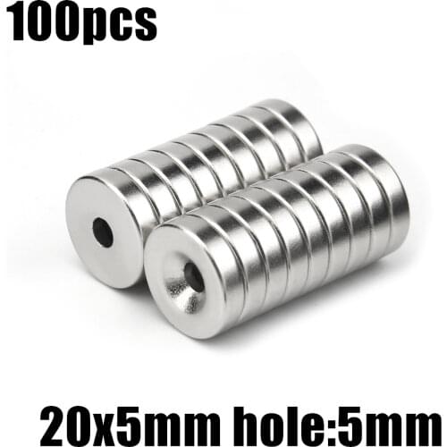 100pcs 20 x 5 mm Hole: 5mm super Strong Round Neodymium Countersunk Ring Magnets Rare Earth N50 Free Shipping