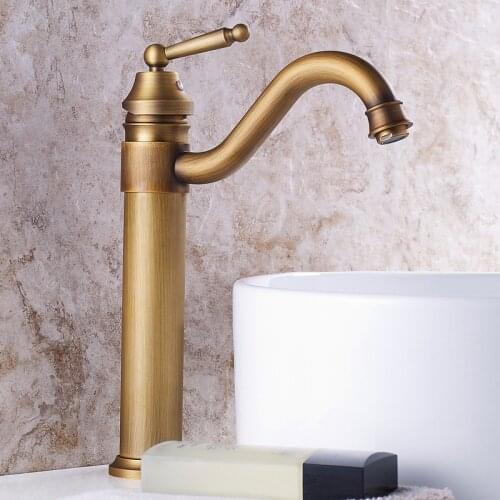 Antique Brass Bathroom Basin Faucet Single Handle Vintage Bronze High Old Retro Faucets Hot Cold Bath Mixer Water Washbasin Tap