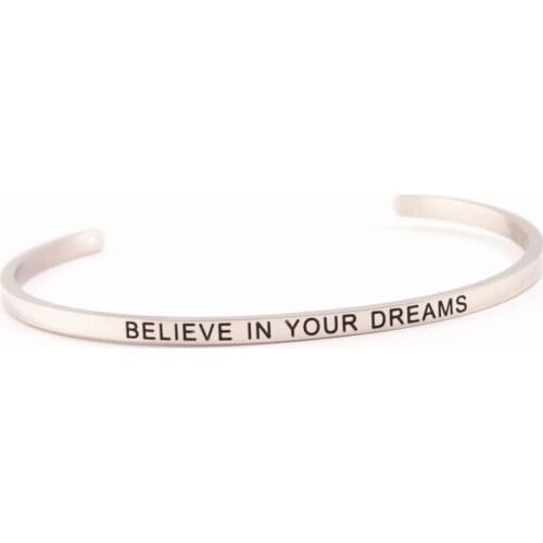 316L Stainless Steel "BELIEVE IN YOU DREAMS" Positive Inspirational Bangle Cuff Mantra Bracelet & Bangle for Women Men Jewelry
