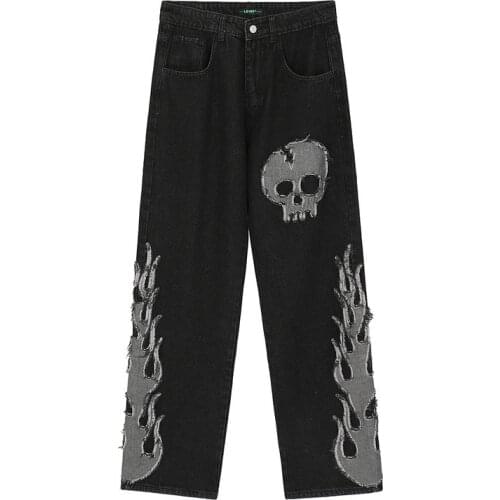 Black Jeans Hip Hop Trousers High Street Fashion Skull Embroidery Splicing Straight Tube Wide Leg Pants Mens Hip Hop Loose