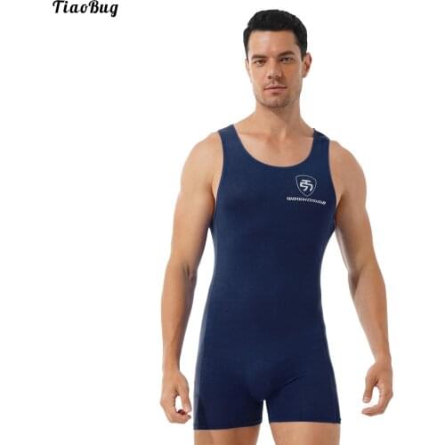 TiaoBug Men Round Neck Sleeveless Workout Sport Swimming Bodysuit Athletic Wrestling Boxers Fitness Gym Jumpsuit Leotard