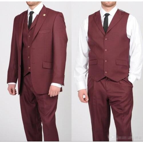 Burgundy Mens Fashion Costume Homme Custom Made Suits 3 Piece with Waistcoat Tuxedos Personalized Groom Suits Jacket+Pant+Vest