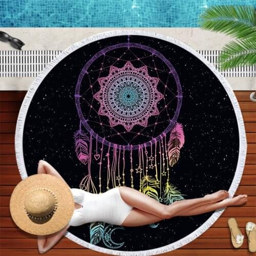 New Dream Catcher Feather Microfiber Round Beach Towel with Tassel Large Beach Bath Towels Blanket Picnic Yoga Mat Tablecloth