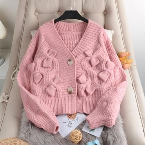 Sweet women 3D bow knot sweaters kawaii pink cardigans women cropped cardigan women long sleeve knit tops