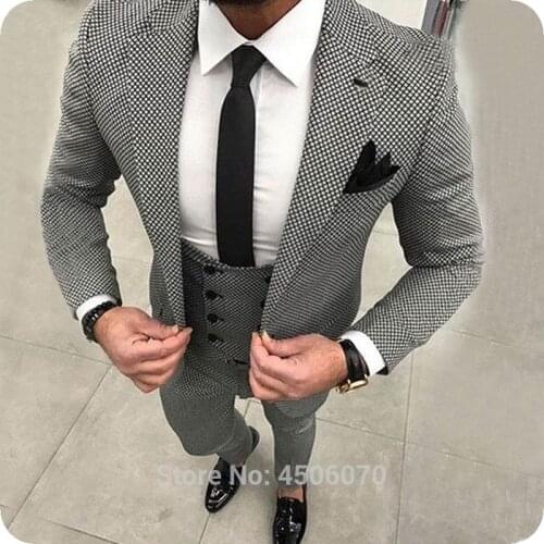 Houndstooth Men Suits White&Black Grid Plaid Jacquard Weave Mens Slim Fit Casual Checkered Wedding Tuxedos 3Pieces Pied de poule