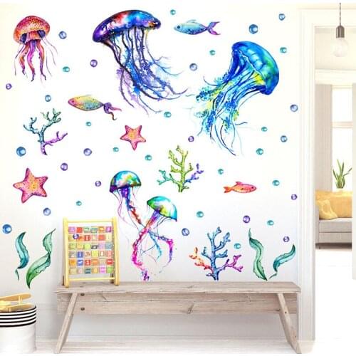 Kids Room Wall Stickers PVC Ocean Sea Jellyfish Wall Paper Cute Cartoon Bathroom Living Room Decor