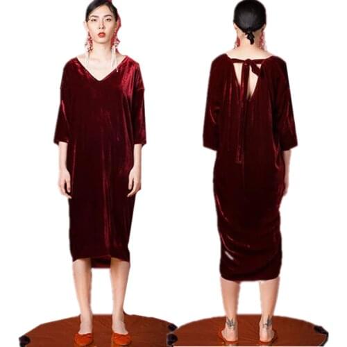 2020 Spring NEW women sexy deep V-neck three quarter sleeve velvet dress,Plus size L-5XL 6XL velour dress Elegant Party Dress