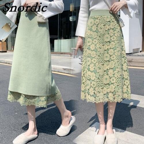 Fall Winter Lace Tulle Knitted Sweater Skirt 2021 Women Elastic High Waist Green A-line Knitting Midi Skirts
