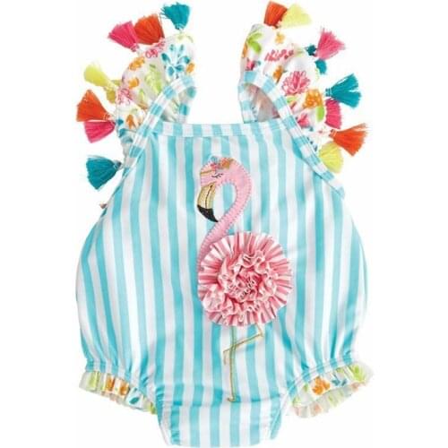 6M-5T Striped Kids Baby Girl Beachwear Bodysuits Summer Girls 3D Flamingo Bathing Beach Bodysuits Blue