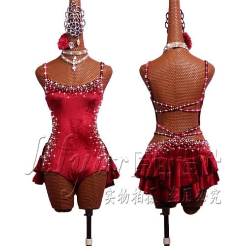 Pole Dancing Latin Dance Dress Steel Pipe Girl Costumes Skirt Performing Dress Adult Customize Children Stretch Velvet Wine Red