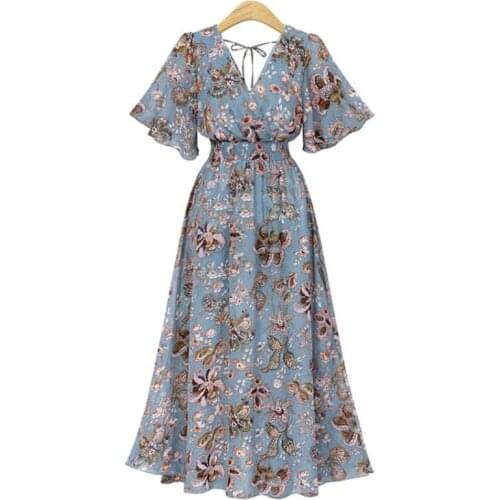 Oversize Dresses Lady V-Neck Floral Lotus Leaf Sleeve Dress Women Fashion Loose Elastic Waist Holiday Dress Female New Summer