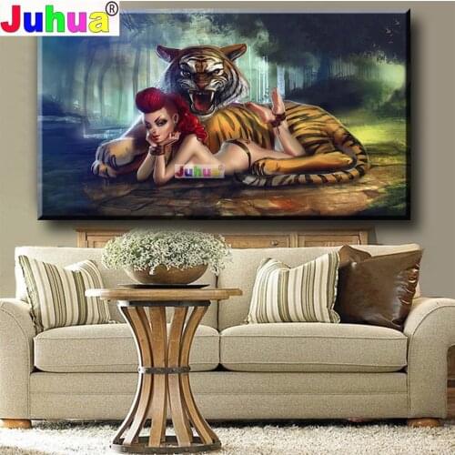 Full Square Round 5d Drill Fantasy Girl And Tiger,Portrait Diamond Embroidery Sale Diamond Painting 5d DIY Diamond Mosaic Set