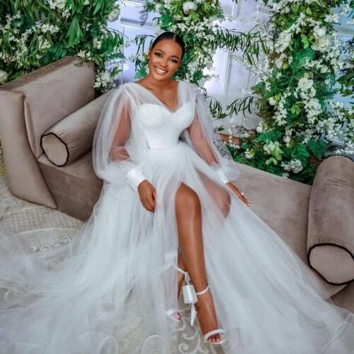 Fluffy Lush Prom Dresses Long Sleeve abendkleider sukienki wizytowe vestido longo Split Prom Dress Plus Size Custom Made