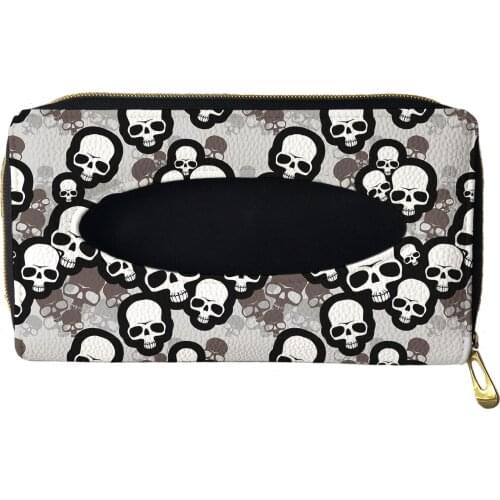 Skull Printed Car Personality Tissue Box PU Leather Auto Interior Tissue Organizer Universal Paper Napkin Case Car Accessories