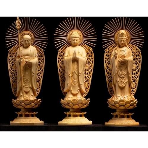 Boxwood 27cm Three Buddha Sculpture wood Carvings Guanyin Shakyamuni Ksitigarbha Statue Home Decor