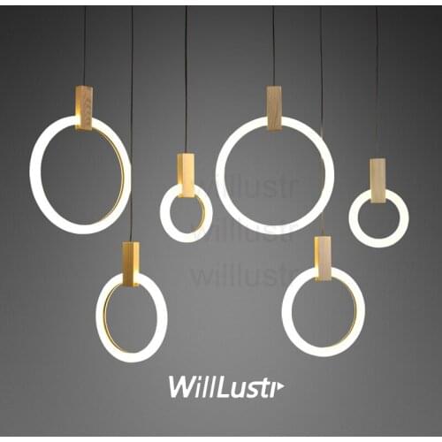 LED pendant lamp round PMMA ring wood suspension light hanging lighting dinning room restaurant hotel staircase long canopy