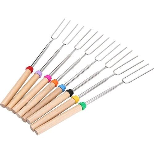 5Pcs/Set BBQ Forks Camping Campfire Stainless Steel Wooden Handle Telescoping Barbecue Roasting Fork Sticks Skewers BBQ Forks