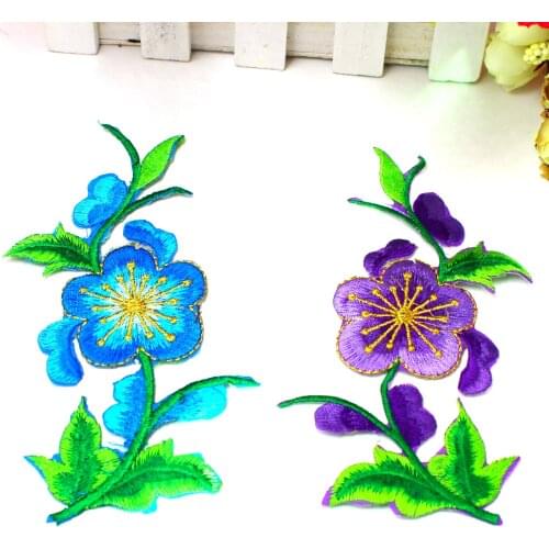Mirror Pair Flower Iron on Embroidery Patches Green Fancy Floral Appliqued 13.5cm*6.5cm