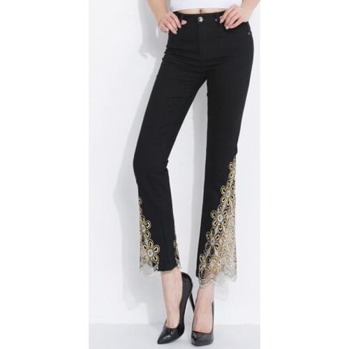FERZIGE Brand 2019 Beautiful Embroidery Flare Pants Women Streetwear Skinny High Waist Jeans Lady Plus Size Blue Black Trousers