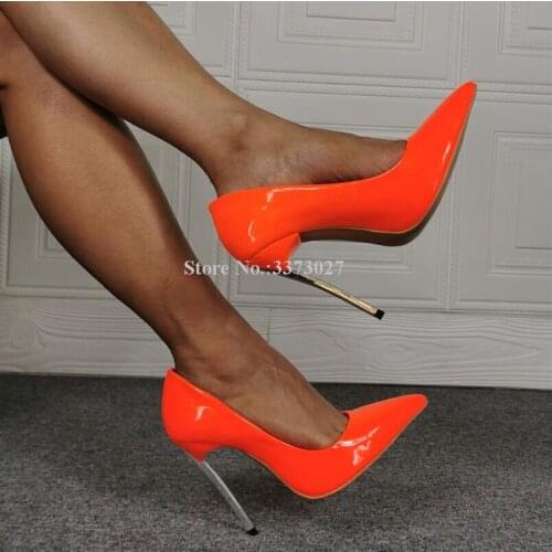 Lady New Fluorescent Orange Metal Heel Pumps Shoes Women Sexy Pointed Toe Slip-on Stiletto Heel Single Shoes Real Photos Heels
