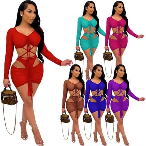 2021 Summer Fashion Women 3pcs Set V Neck Long Sleeve Bandage Crop Top Underwear And Mini Skirts Sexy Nightclub Party Bodycon