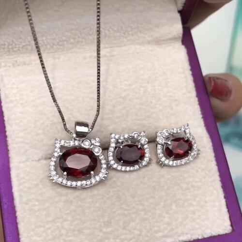 Fashion Natural red garnet Lovely cat Necklace Earrings Natural Gemstone Jewelry Set 925 Silver Women girl party fine jewelry