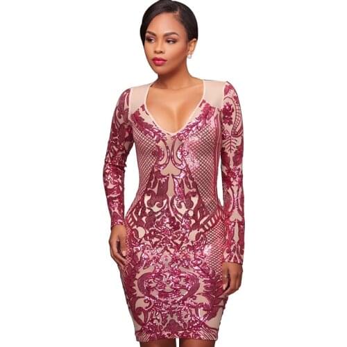 2018 Women Gothic Geometric Graphic Sequin Dress Party Night Club Dress Sexy V-Neck Long Sleeve Mesh Sheer Sparkly Bodycon Dress