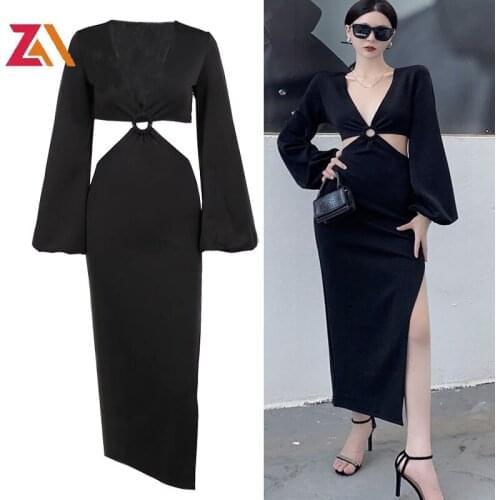 ZALady sexy party night club midi long dress gothic hollow out long sleeve deep v-neck Split fork women dresses traf clothes