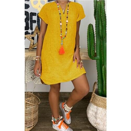 2021 European and American new style summer loose casual pure color short-sleeved V-neck cotton and linen fashion ladies dress