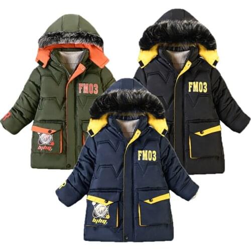 Winter Boys Clothes Long Section Plus Velvet Thick Warm Cotton Coat Cartoon Pattern Decoration Childrens Windbreaker