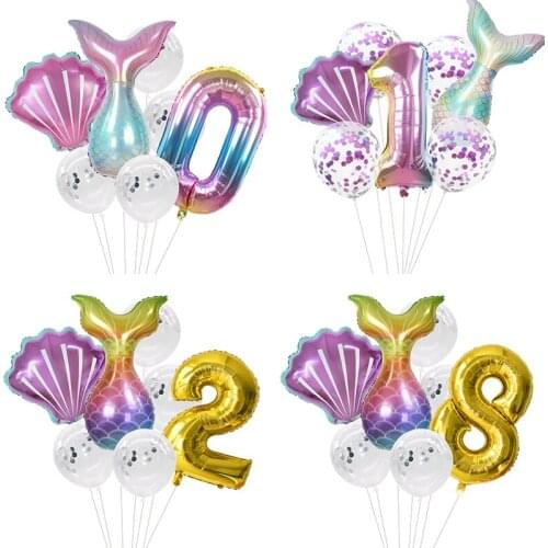 7Pcs/Set Baby Birthday Party Mermaid Balloons Combination Decor Gold Foil Number Balloon Little Mermaid Helium Globos Balls