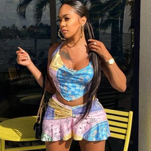 TNNAOFF Bandana Print Two Piece Set for Women Halter Bandage Tank Tops Sexy Stacked Bodycon Mini Dresses Beachwear Matching Sets