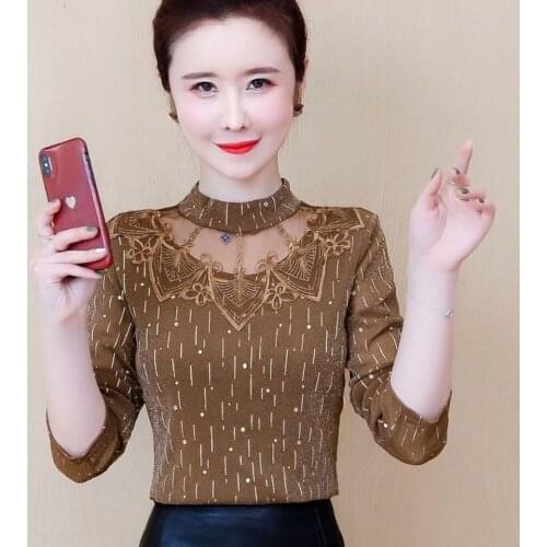 Blouse Women 2020 Autumn and Winter Turtleneck Lace Womens High-End Mesh Top Blusas Ropa De Mujer