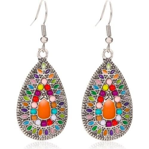 Bohemian Vintage Colorful Water Drop Pendant Dangle Earrings Women Fashion Ethnic Style Drop Statement Earrings Jewelry