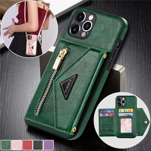 Lanyard Zipper Wallet Phone Case For iPhone 12 11 Pro Max X XS XR 8 7 6 6S Plus SE 2020 Leather Purse Card Holder Cover Coque