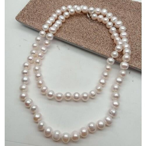 YYGEM natural White Near Round Freshwater Pearl Sweater Chain Long Necklace 36" Elegant Classic Jewelry for women