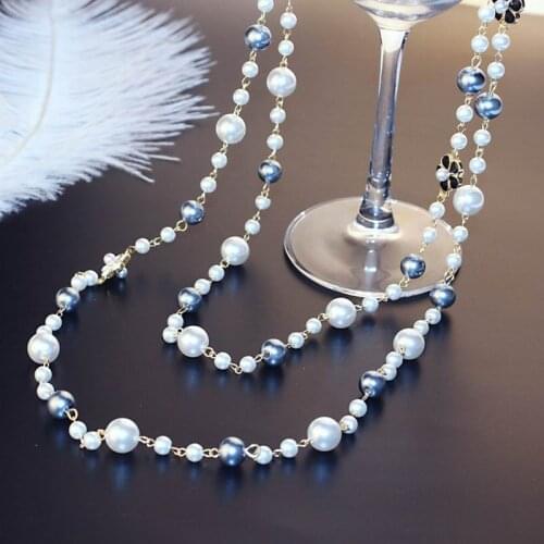 Double Layers Simulated Pearl Chain Long Necklace Women Fashion Jewelry Necklaces Flower Design 2018 Fine Gift