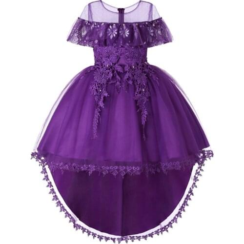 Elegant Flower Girls Dresses Kids Lace Bodice with Tulle Trailing Dress for Wedding Birthday Party Formal Girls Clothes
