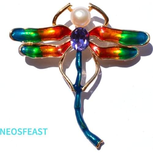 Elegant Jewelry Dragonfly Rhinestone Brooch Women Pearl Pin Enameled Brooch Multi Color Ladies Wedding Gifts Dress Accessories