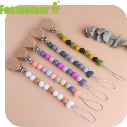 Fosmeteor 1pcs Baby Pacifier Chain Clips Dummy Holder For Nipples Clips Wooden Love Shape Teething Baby Birthday Gifts